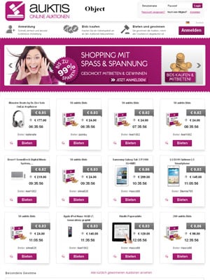Auktis.com penny auction listing with countdown, in its European storefront