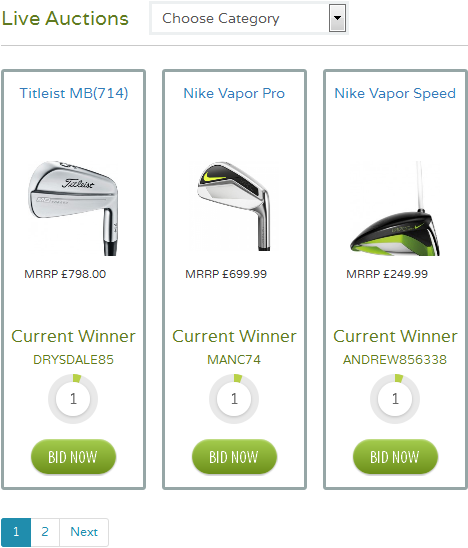 Swilcanbids auction page showing golf equipment lots with bid entry