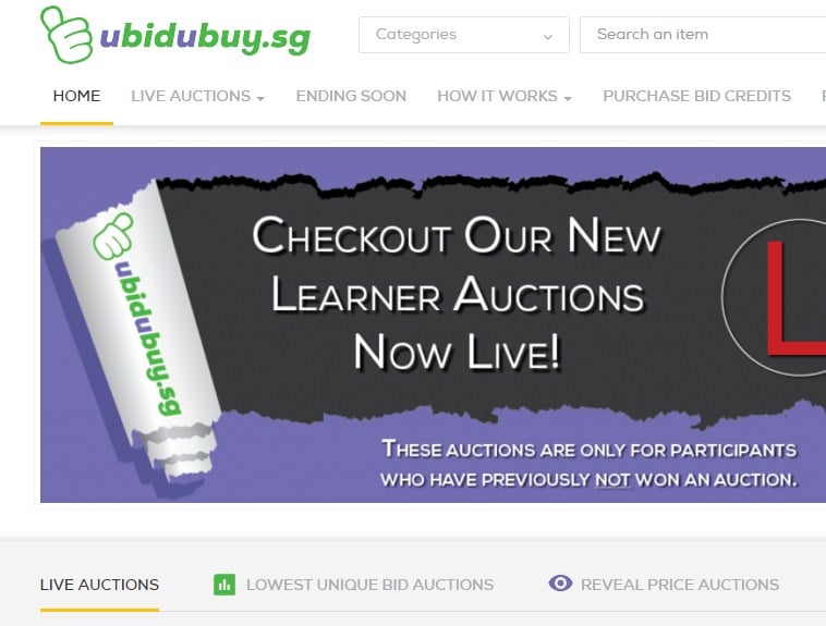 Ubidubuy.sg auction platform showing luxury goods lots in two auction formats