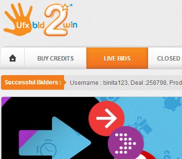 Ufxbid2win homepage showing featured auctions for vehicles and electronics