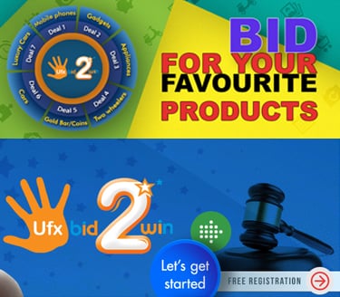 Ufxbid2win auction listing page with bid credits and countdown interface