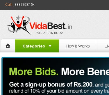 Vidabest.in auction page showing highest-bid-wins listings